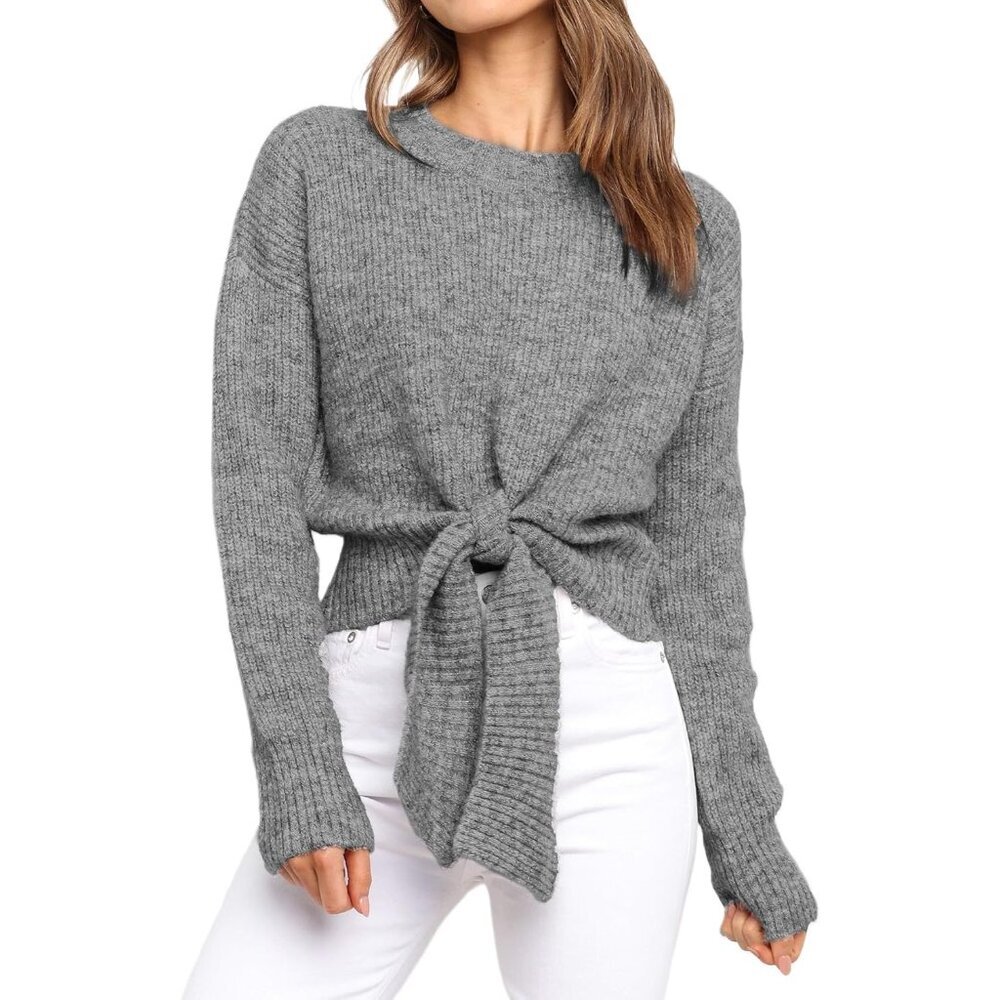 Women's Knit Cropped Sweater Long Sleeve Tie Front Crew Neck Fall Outfit